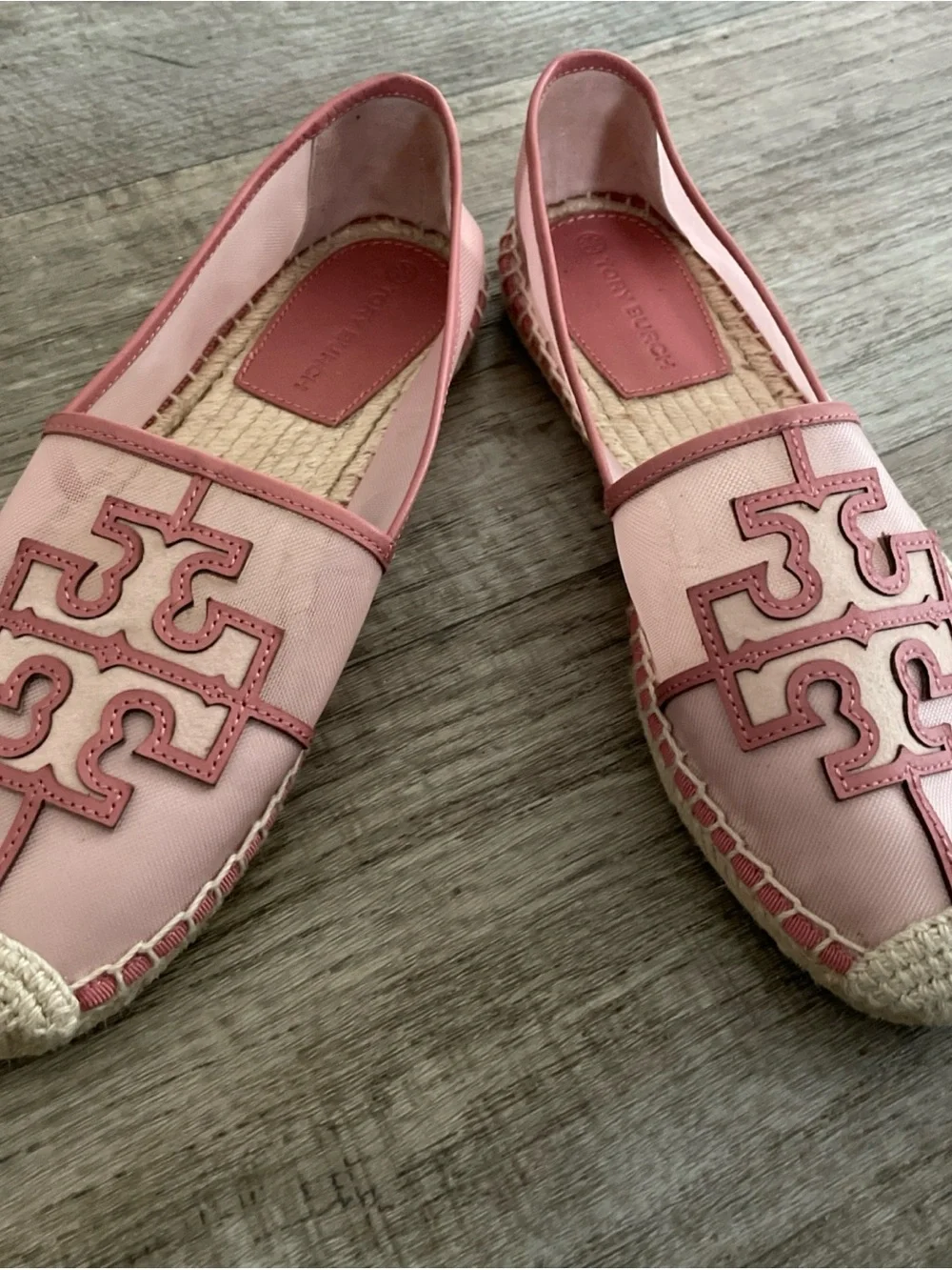 Tory Burch Ines Espadrille Mesh/Calf Leather/Silk Suede in Seashell Pink US 8